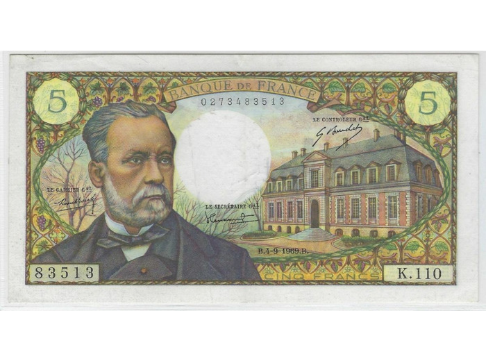 FRANCE 5 FRANCS PASTEUR 4-9-1969 K.110 SUP