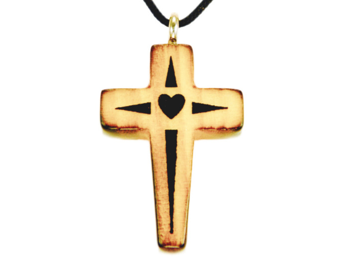 Croix en Bois d'Erable Vernis 3,5cm avec Cordon - COEUR