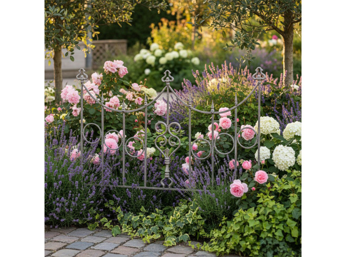 Barrière Jardin Basse Cœurs en Fer Forgé Gris 73x90cm