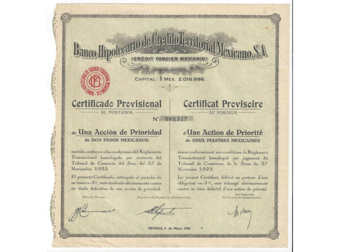BANCO HIPOTECARIO DE CREDITO TERRITORIAL MEXICANO S.A 1932 CERTIFICAT 1 ACTION