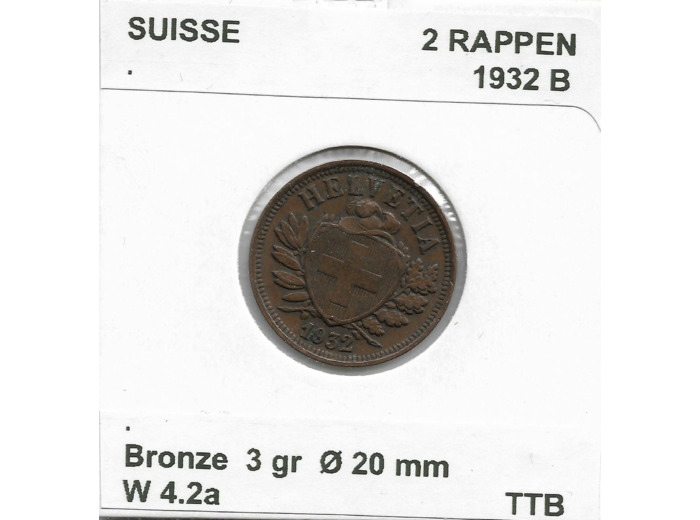 SUISSE 2 RAPPEN 1932 B TTB