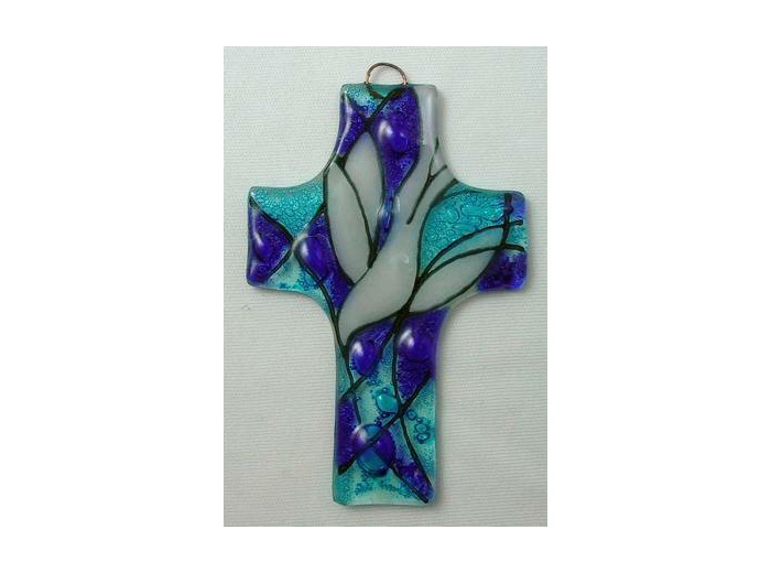 Croix en verre 8x12cm- VITRAIL COLOMBE- bleue