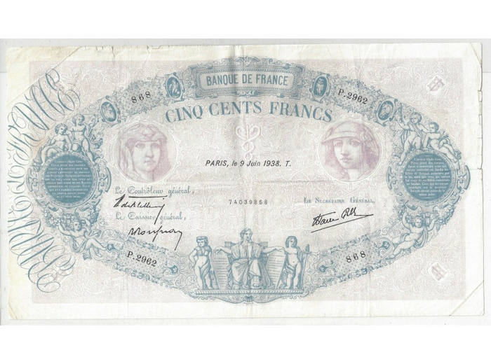 FRANCE 500 FRANCS BLEU ET ROSE 09/06/1938 TB+ P.2962