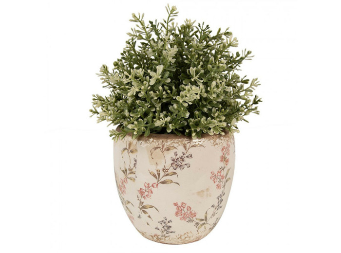 Pot de fleurs beige et rose en céramique motif fleurs 14x14 cm