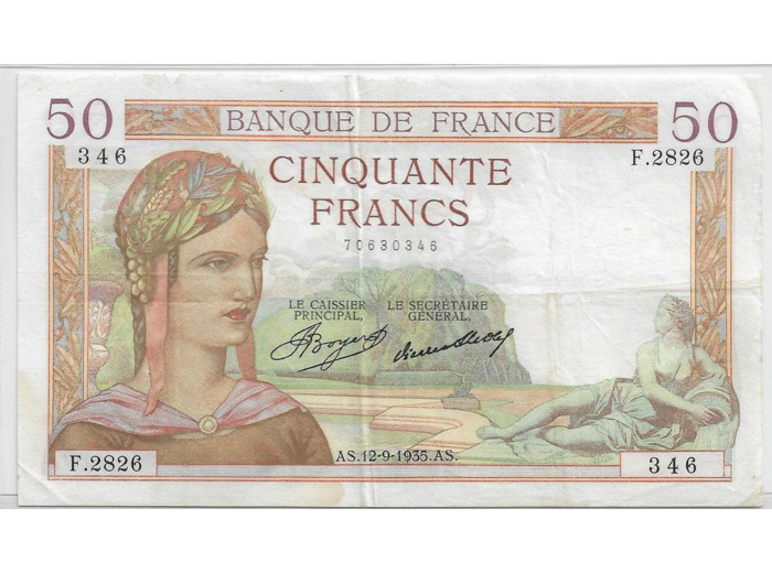 FRANCE 50 FRANCS CERES SERIE F.2826 12-9-1935 TTB+