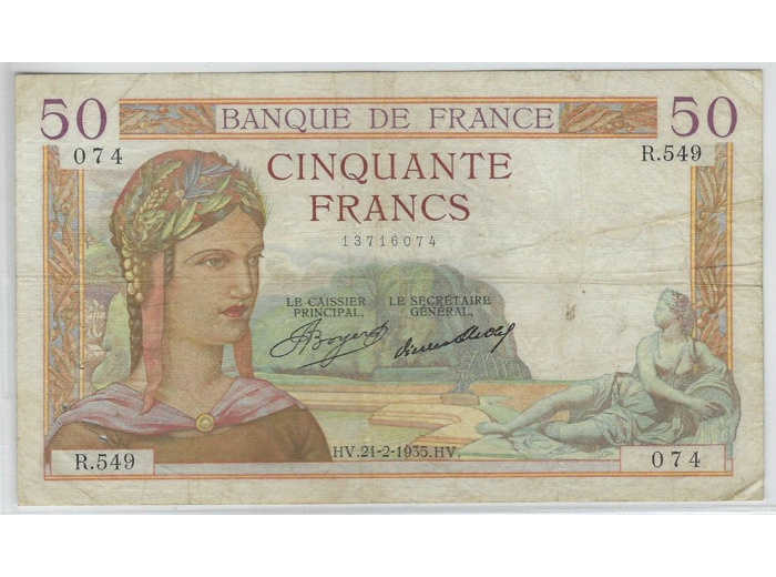 FRANCE 50 FRANCS CERES SERIE R.549 21-2-1935 TB+