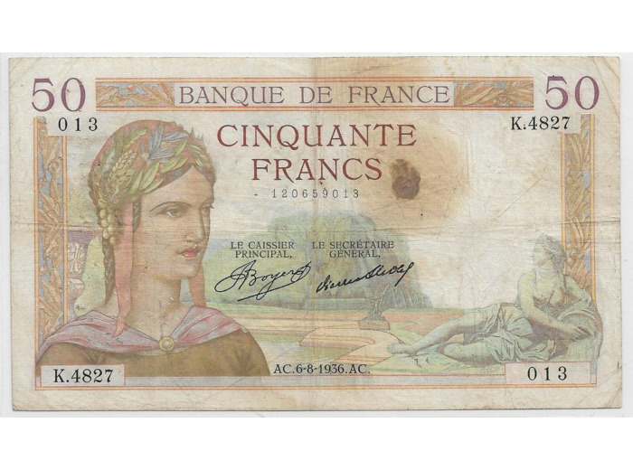 FRANCE 50 FRANCS CERES SERIE K.4827 6-8-1936 TB