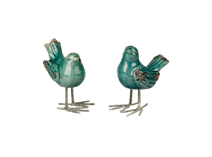 Ensemble 2 oiseaux fer décoratifs vert 13x15cm
