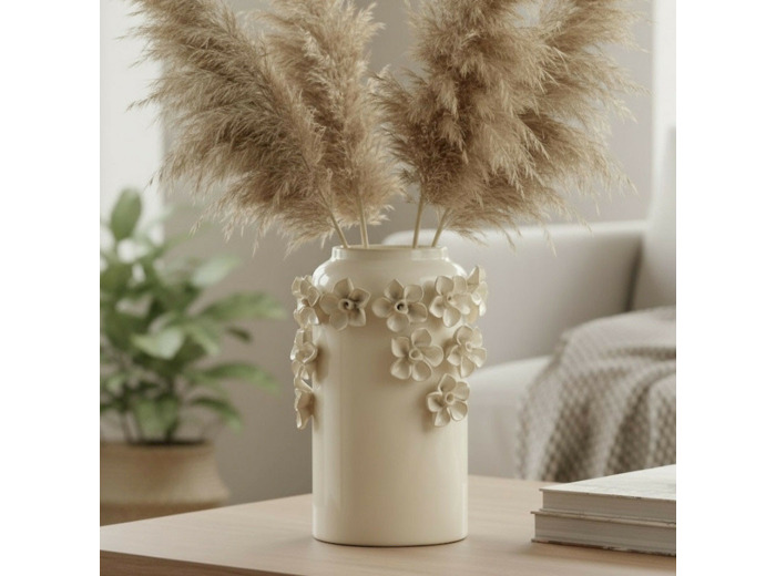 Vase Guirlande Fleurs Céramique Blanche 17x17x25cm