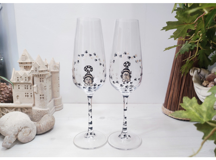 Flutes à champagne en cristal peintes à la main sur le thème des chats