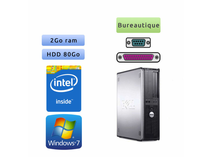 Dell Optiplex 330 DT - Windows 7 - 2.2Ghz 2Go 80Go - Port serie et parallele - Ordinateur tour Bureautique PC