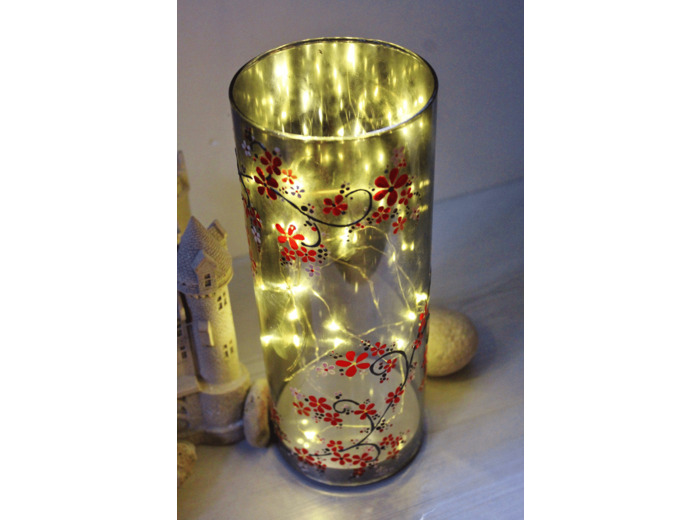 lampe peinte à la main aux couleurs fraiches du printemps signée et numéroté décorée d'une guirlande de petites fleurs rouges