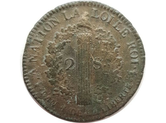 FRANCE LOUIS XVI 2 SOLS FRANÇOIS 1792 A (Paris) TB+ N2