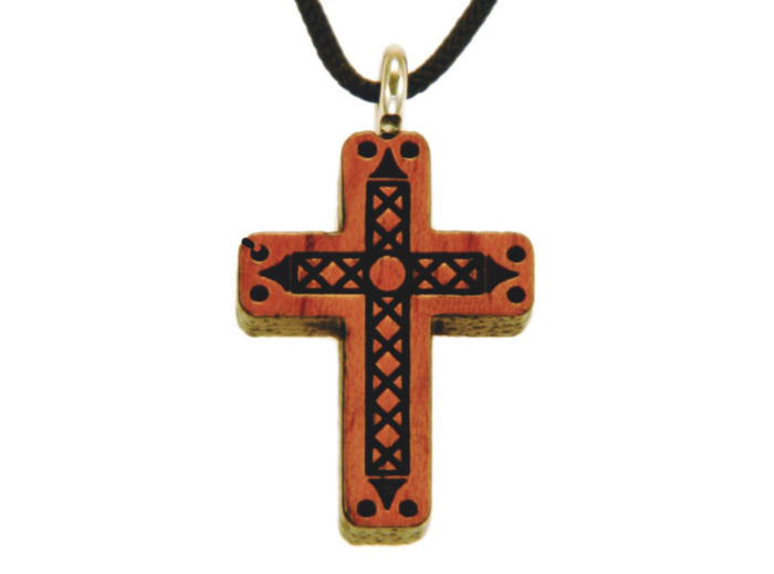 Croix en Bois d'Erable Vernis 2,5cm avec Cordon - MOTIF EN RELIEF