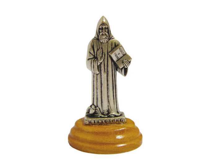 Statue 7cm en Métal Argenté avec Socle en Olivier - SAINT BENOIT