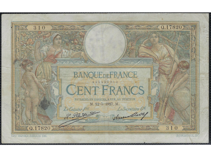 FRANCE 100 FRANCS MERSON sans LOM 12-5-1927 Q.17820 TTB (F24/06)