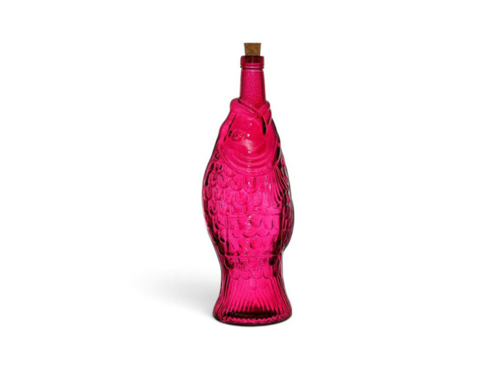Bouteille Carafe Poisson en Verre Fuchsia Style Bord de Mer 12x33cm