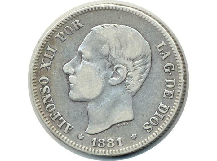 ESPAGNE 2 PESETAS 1881 (81) MSM ALFONSO XII TB+(W678.2)