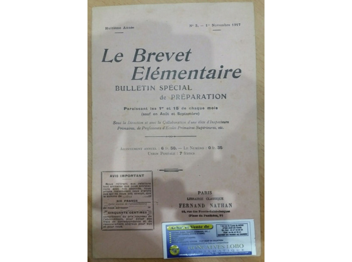 LE BREVET ELEMENTAIRE 01 NOVEMBRE 1917