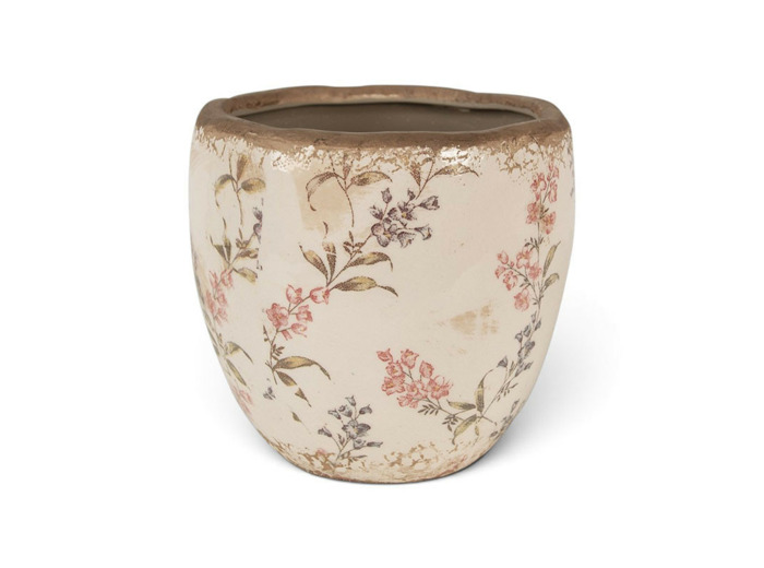 Pot de fleurs beige et rose en céramique motif fleurs 14x14 cm