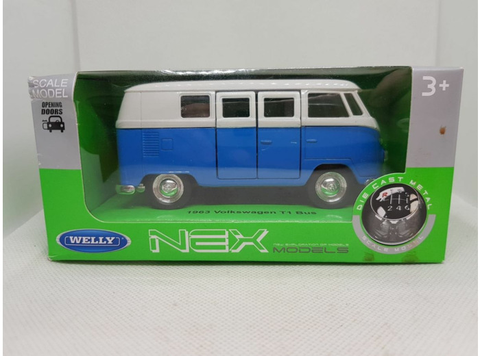 VOLKSWAGEN T1 BUS COMBI 1963 BLEU ET BLANC WELLY NEX 1/34 1/39 BOITE NEUF