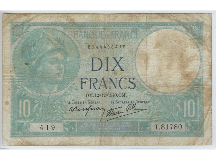 FRANCE 10 FRANCS MINERVE 12-12-1940 SERIE T.81780 TB