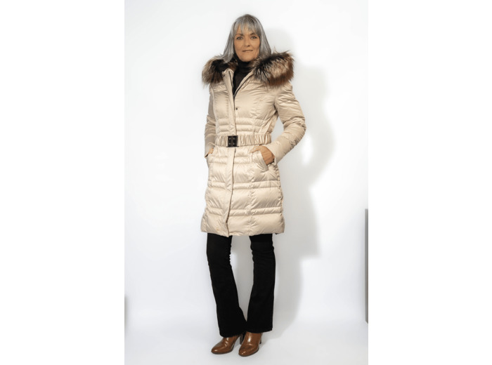 Doudoune textile avec capuche bordée de fourrure beige