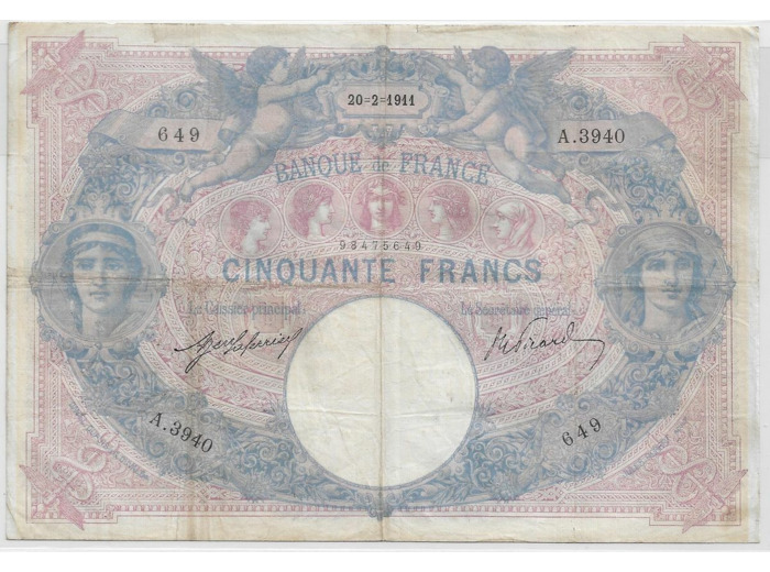 FRANCE 50 FRANCS BLEU ET ROSE SERIE Y.3940 20-2-1911 TB+