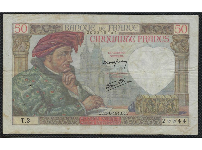 FRANCE 50 FRANCS JACQUES COEUR 13-6-1940 T.3 TTB