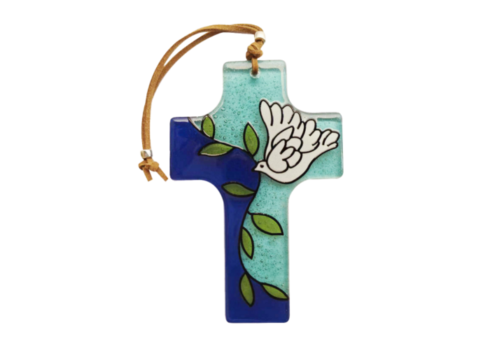Croix en verre 8x12cm- COLOMBE à la BRANCHE- bleue