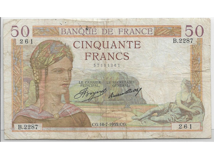 FRANCE 50 FRANCS CERES SERIE B.2287 18-7-1935 TB+