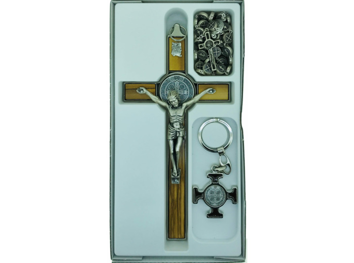 Coffret St Benoît 22,5x11,5cm croix + chapelet+PC - BOIS