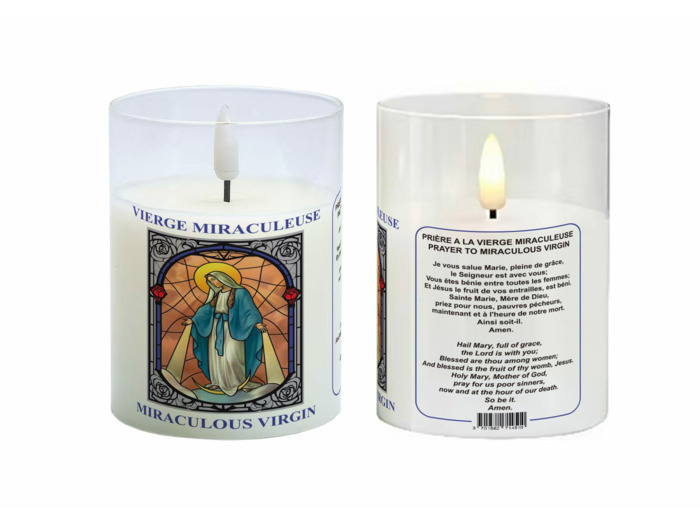 Bougie LED 7.5x10cm - Vierge Miraculeuse + Prière - sans pile