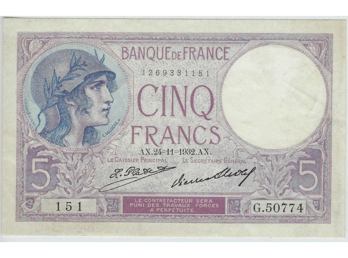 FRANCE 5 FRANCS VIOLET 24-11-932 G.50774 SPL