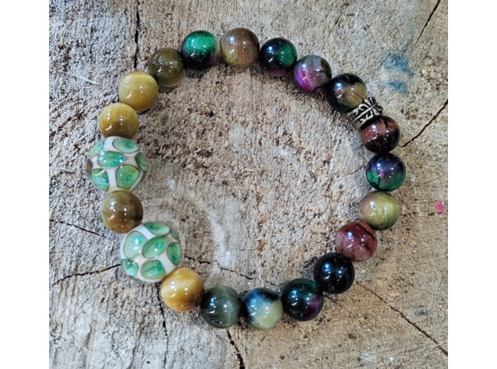 Bracelet en oeil de tigre jaune et multicolor