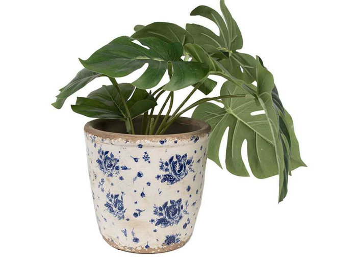 Pot céramique beige bleu motif florale 14x15x15cm