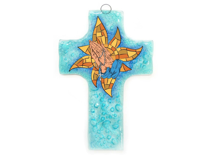 Croix en verre 8x12cm- MAINS EN PRIERE orange fond bleu