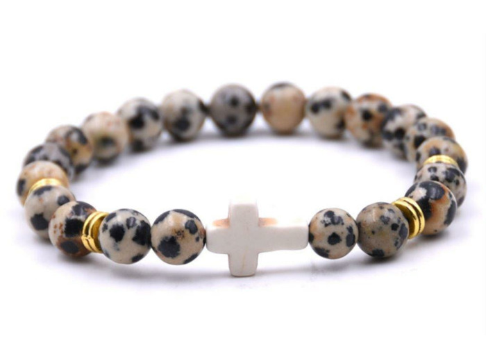 BRACELET élastique 8mm en pierre véritable- Jaspe dalmatien