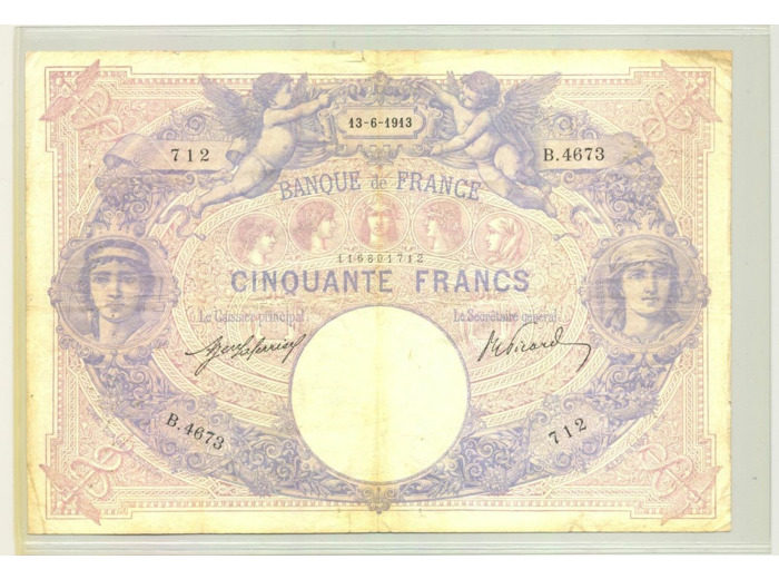 FRANCE 50 FRANCS BLEU ET ROSE 13 06 1913 SERIE B.4673 TB+