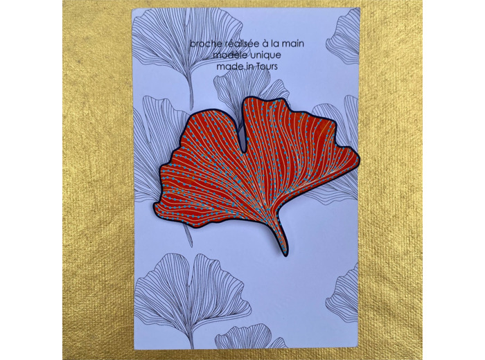 Broche ginko coloris orange pois bleu pailleté