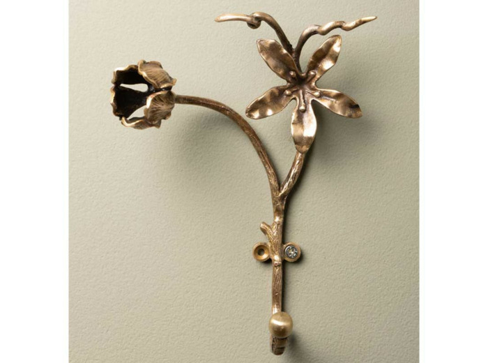 Patère fleuri patine laiton 13x4x17cm