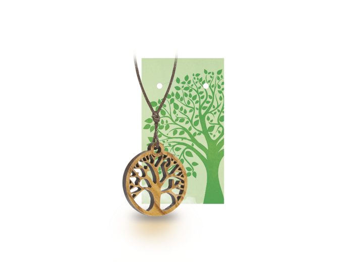 Pendentif en OLIVIER avec cordon- diam.2,5cm- ARBRE DE VIE