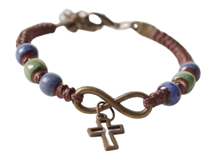 Bracelet en Corde Marron - CROIX + COEUR INFINI- perles bleues