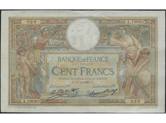 FRANCE 100 FRANCS MERSON sans LOM 17-9-1927 A.19083 TTB (F24/06)