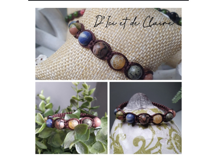 Bracelet Shamballa 5 perles de pierres naturelles et 2 verre