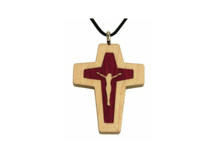 Croix en Bois d'Erable Vernis 3,8cm avec Cordon - CHRIST 2 TONS