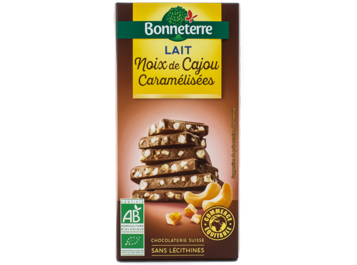 Tablette de Chocolat au Lait Noix de Cajou Caramélisées Bio 85g