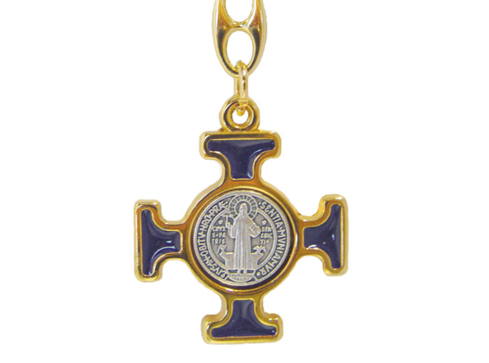 Porte-Clefs Saint Benoît en Métal Doré avec Email - BLEU