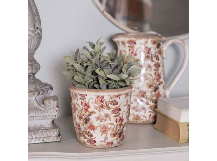 Pot motif floral rose céramique beige 13x14x14cm