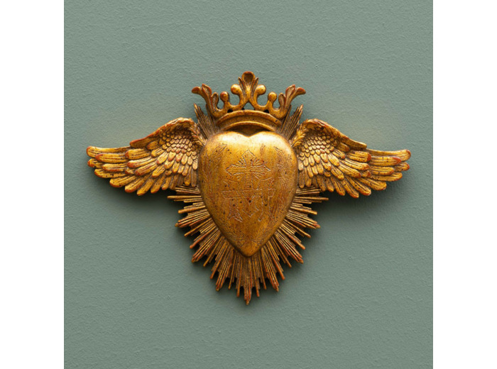 Ex-voto coeur et ailes résine dorée 25x18cm